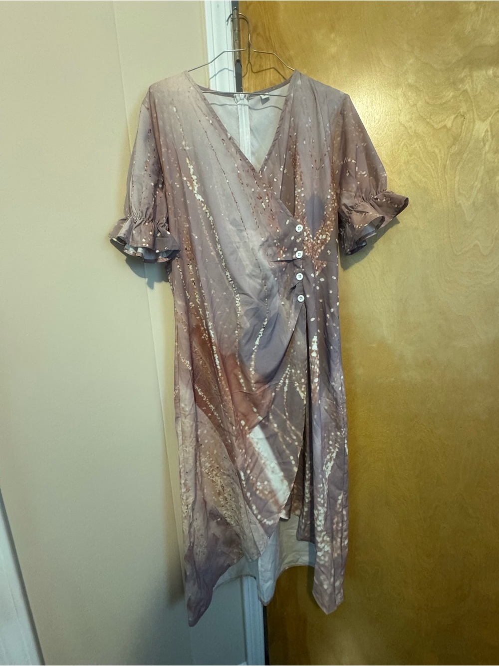 Mauve Tie-Dye Wrap Dress with Ruffle Sleeves